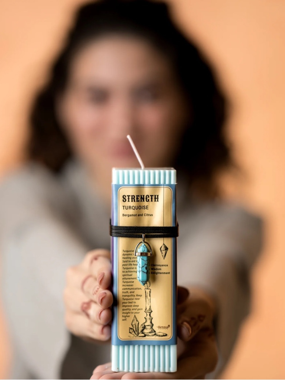 Strength Turquoise Scented Pillar Candle with Charm